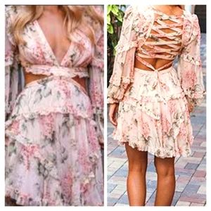 🔥NWT Rosedress Floral Cross Halter Long Sleeve Mini Dress Sz L🔥